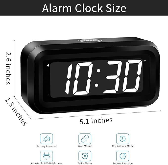 KWANWA Kids Alarm Clock, White LED, Battery, Auto-Night Mode, 12Hr/24Hr, Small, Travel, Bedside, Wall-Mount/Table-top, Easy to Read