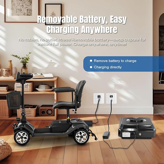 Mobility Scooter for Adults - 4 Wheels, 330lbs Capacity, 15Miles Long Range, Foldable Powered Mobility Scooter for Seniors, Elderly, Removable Battery, with Headlight, Charger & Basket