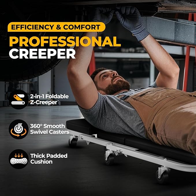 Auto Dynasty 40" Z-Creeper Seat, 2-in-1 Foldable Garage Creeper Shop Seat, 330 LBS Capacity Automotive Mechanic Repair Under Car Rolling Creeper Seat, Silver