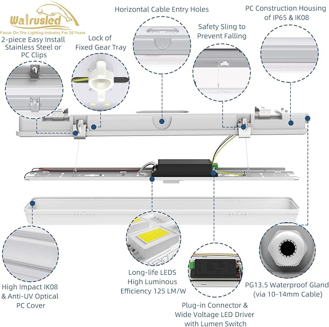 2FT LED Vapor Tight Light, Tri-Level Motion Sensor,IP65 IK08, 10W(1250lm)/20W(2500lm) Selectable, 5000K, 100-277V, Dimmable, Vapor Proof Lighting Fixture, Outdoor Waterproof Shop Light for Carport,FCC