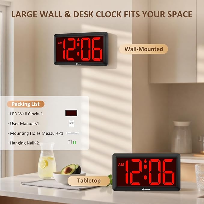 Soobest 9.5 Inch Large Digital Wall Clock Battery Operated, Auto & Manual Dimmer Display, Easy to Read Big Digits with Alarm for Seniors, Modern Decor for Living Room, Bedroom, Office (3.2" Numbers)
