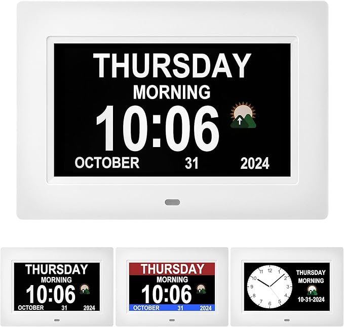 Digital Alarm Clock, Multiple Alarm Functions, Clock with Date and Day, Digital Alarm and Electronic Calendar for Seniors (White, 7 inch) (7-inch White)
