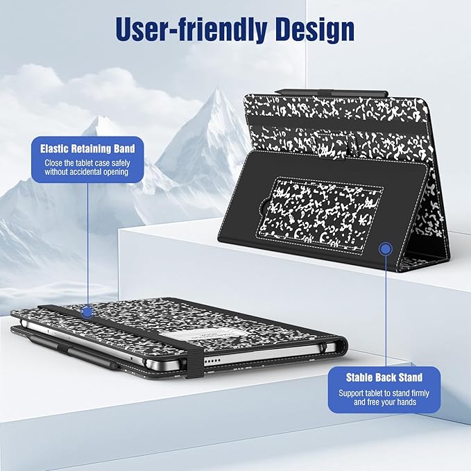 TiMOVO Universal Case for 10.1 Inch Android Tablet with Pen Loop, Lightweight Folding Stand Cover with Hand Strap for All 9.6"-11" Touchscreen Tablet, Notebook Black
