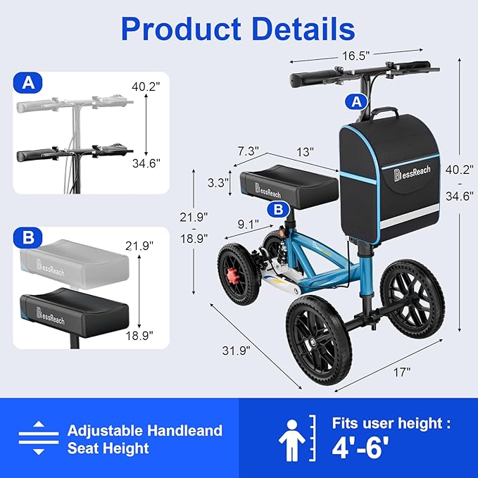BlessReach Knee Scooter, All Terrain Foldable Knee Scooter Walker, Disc Brake Knee Walker for Foot Injuries Compact Crutches Alternative
