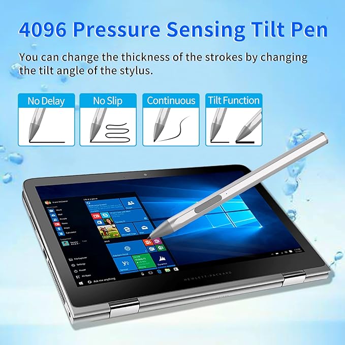 Stylus Pen for HP Envy X360 Pavilion X360 Specter X360 Spectre X2 Envy X2 Rechargeable MPP 2.0 Tilt Active Pen with 4096 Pressure Sensitivity, Palm Rejection, Magnetic Attachment Function, Silver