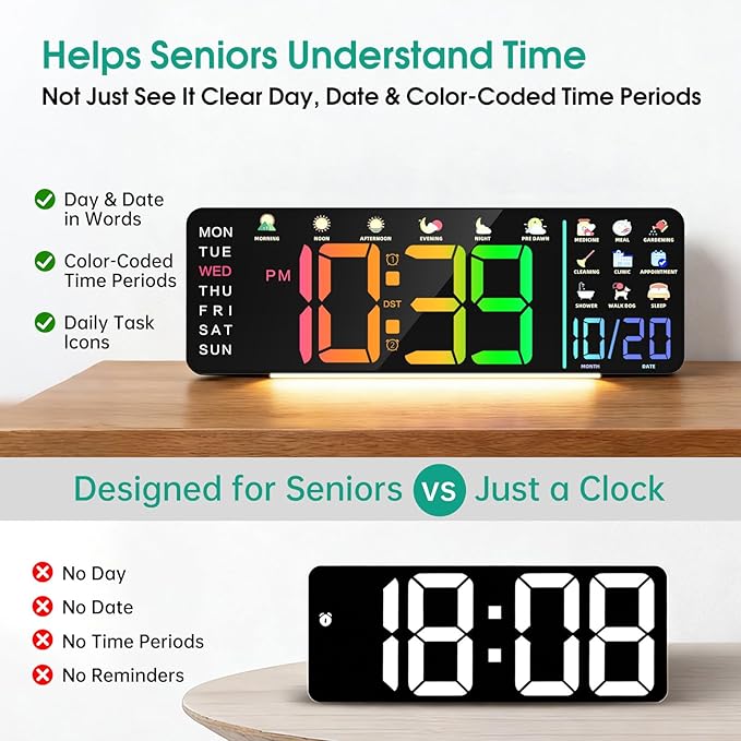 Hoifen Clock with Day and Date for Seniors, 16" Large Display Digital Calendar Dementia Wall Clock for Memory Loss with Time Periods & Task Reminders, Remote Control, Night Light, Auto Dim & DST (RGB)