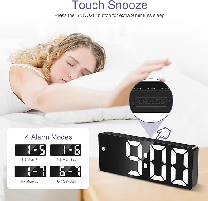 Digital Clock, Alarm Clocks with 6.5' Large Display, Touch Snooze, LED Desk Clock with 4 Adjustable Brightness, 12/24H, Digital Alarm Clock with DST, Easy to Set for Home, Office, Gifts