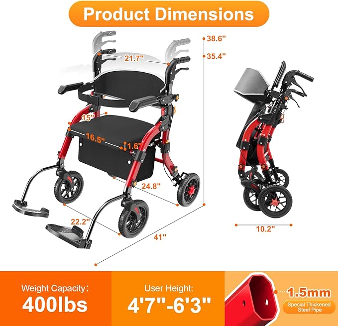 Rollator Walkers for Seniors with Seat, 2-in-1 Walker Wheelchair Combo, Foldable Rolling Walker with Seat, Wheelchairs for Adults – 400 lbs Capacity, Adjustable Height