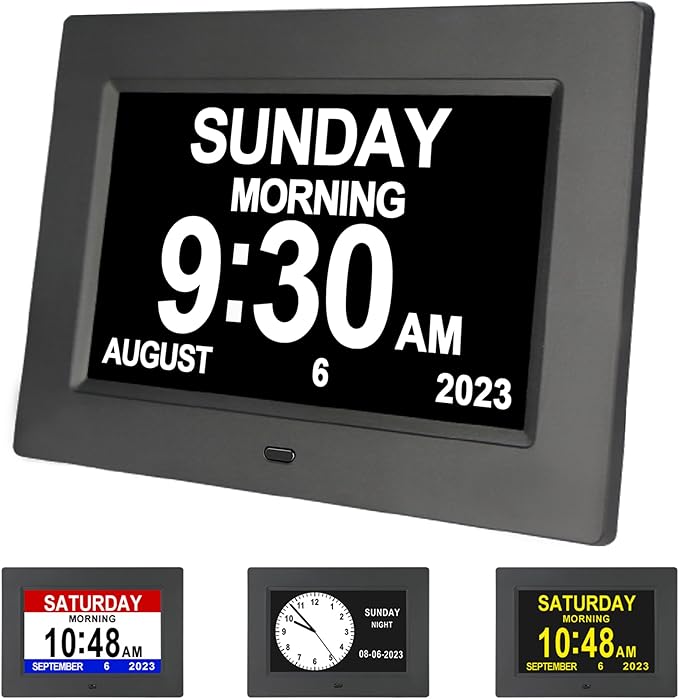 7-Inch Digital Alarm Clock. Displays Time,Day and Month.Features 12 Alarm Settings and 3 Display Modes.Suitable for Elderly Individuals,Those with Memory Impairment or Dementia.Black.