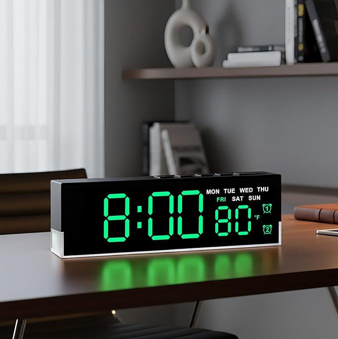 45MinST 7-Inch LED Digital Alarm Clock with Bottom Glow Light｜Displays Time, Date, Day, Temperature｜Dual Alarms, DST, Auto/Manual 3-Level Brightness, Battery or USB Powered Desk Clock,Green