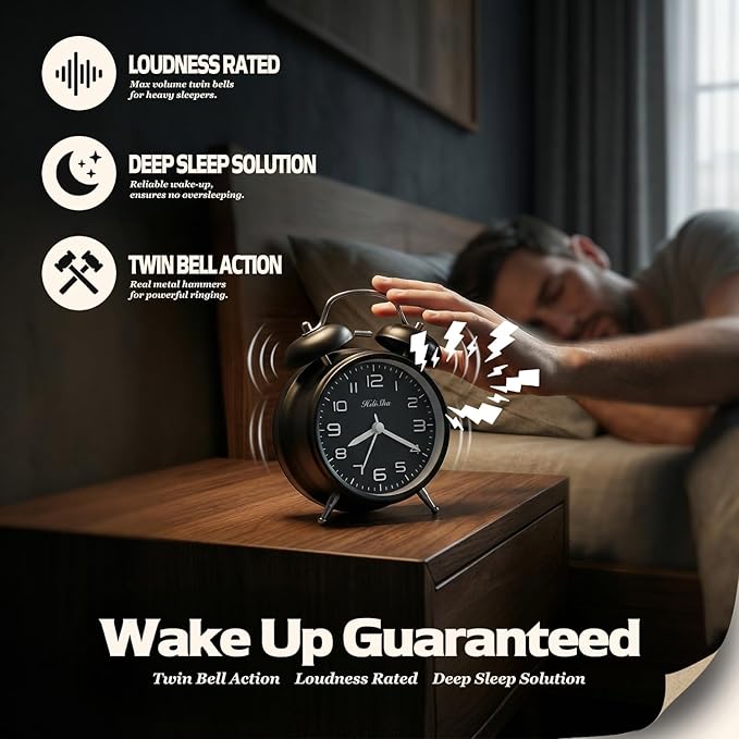 Loud Alarm Clock for Heavy Sleepers, 6 inch Battery Operated Twin Bell Alarm Clock with Night Light, Silent Non Ticking Analog Small Clock Decor for Bedroom, Bedside, Living Room