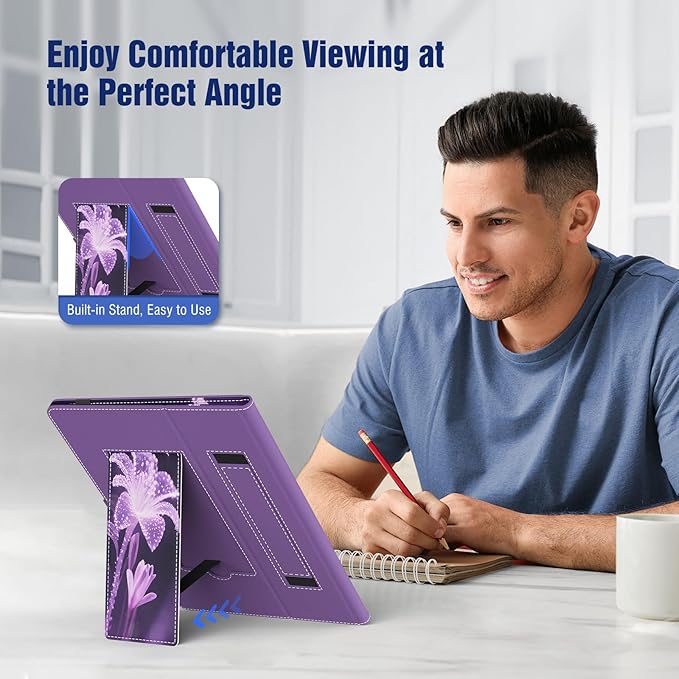 TiMOVO Universal Case for 10.1 Inch Android Tablet with Pen Loop, Lightweight Folding Stand Cover with Hand Strap for All 9.6"-11" Touchscreen Tablet, Flowers on Purple