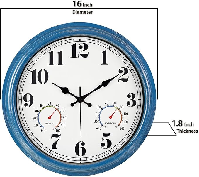 JENLYSTIME 16 Inch Blue Vintage Waterproof Indoor/Outdoor wall Clock with Thermometer & Hygrometer, Large Numerals & Silent Sweep Movement - Ideal for Porch, Garden, Pool, Bathroom