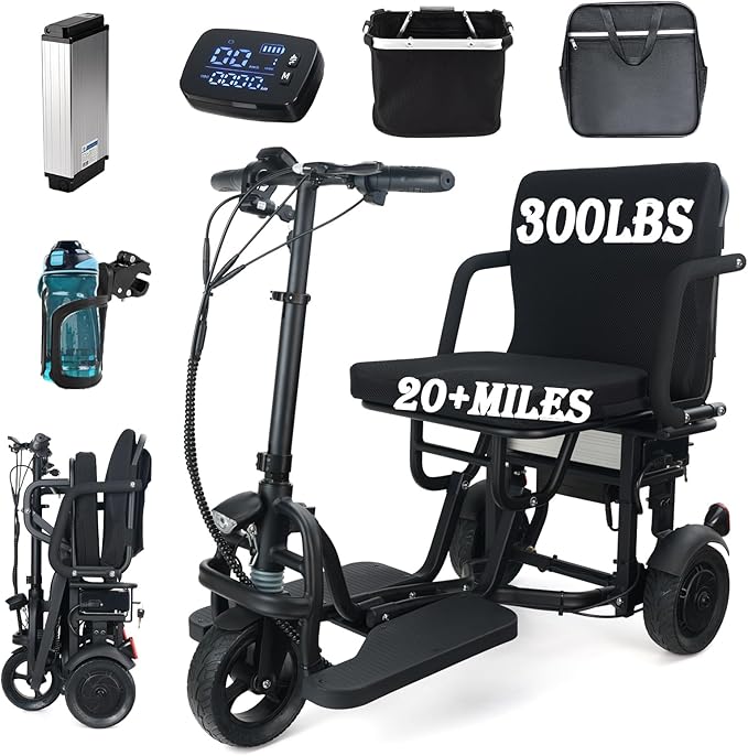 New Upgrade Folding Mobility Scooters for Adults, 9.32mph 25 Miles Driving Distance, 3 Wheel Ultra Lightweight Travel Portable Power Scooters for Seniors, One Click Automatic Cruise Control Functions