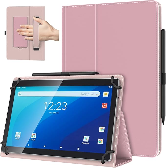 TiMOVO Universal Case for 10.1 Inch Android Tablet with Pen Loop, Lightweight Folding Stand Cover with Hand Strap for All 9.6"-11" Touchscreen Tablet, Light Pink