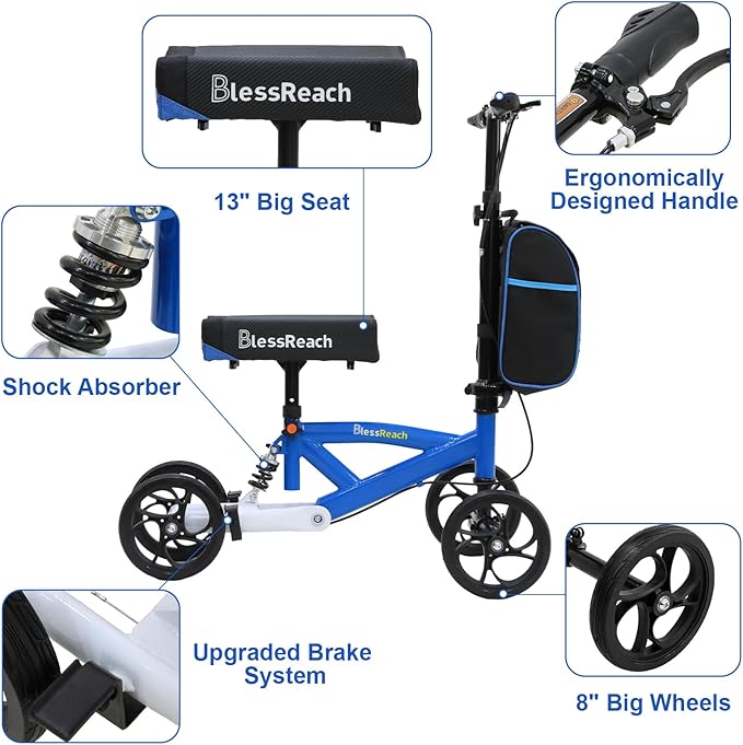 BlessReach Steerable Knee Scooter Deluxe Medical Scooter for Foot Injuries Compact Crutches, with Dual Rear on-Wheel Brake and Shock Absorption Under The Knee pad（Blue）