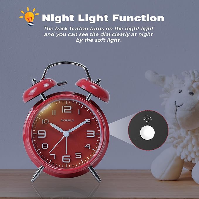 AYRELY® Super Loud Twin Bell Alarm Clock for Heavy Sleepers Adults, 4-Inch Retro Silent Non-Ticking with Night-Light, 3D Raised Number Dial, Battery Operated for Bedroom Bedside (3D Dial – Red)