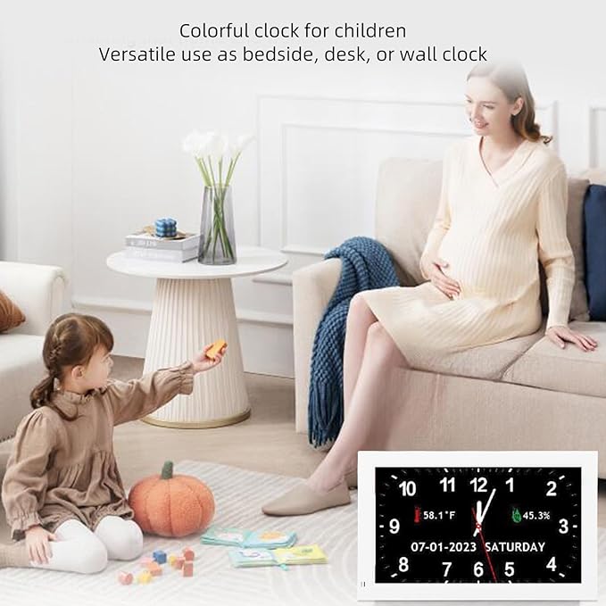 Zyyini 7 Inch Digital Clock for Elderly, Large Font Customizable Alarm Reminder with Day and Date Auto DST 12 Alarms Calendar Clock for Dementia