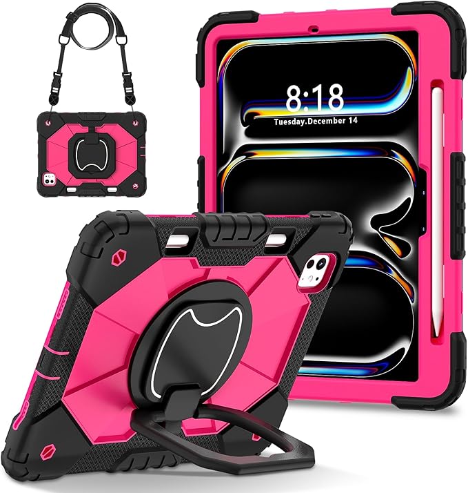 Dteck for iPad Pro 11 inch (M4/M5) 2024/2025 Release Shockproof Case with Shoulder Strap/Pencil Holder/Rotating Kickstand Handle, Heavy-Duty Sturdy Rugged Cover, Protective Tablet Shell, Black Rose