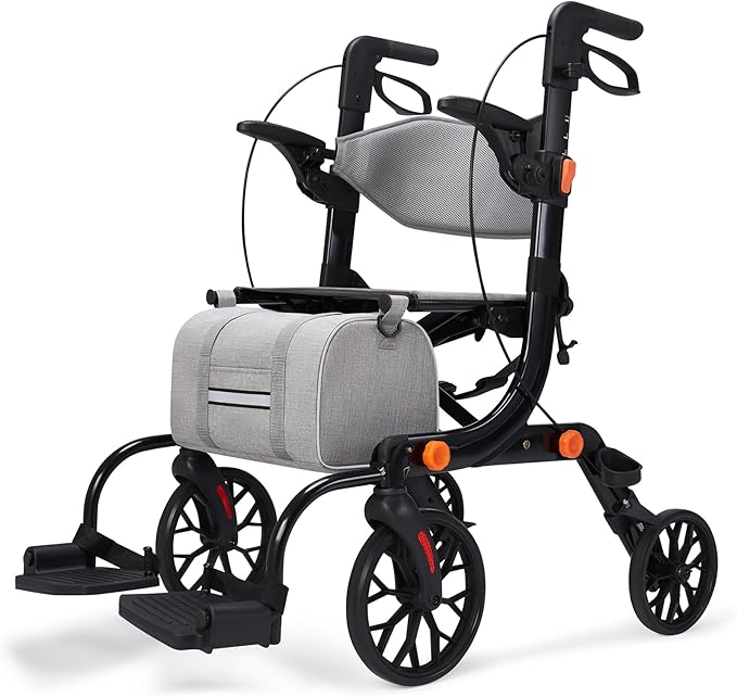 2-in-1 Walkers for Seniors with Seat & Transport Wheelchair Combo,All-Terrain Rolling Walker,Adjustable Height for Indoor Outdoor Mobility with Brakes & Storage Pouch
