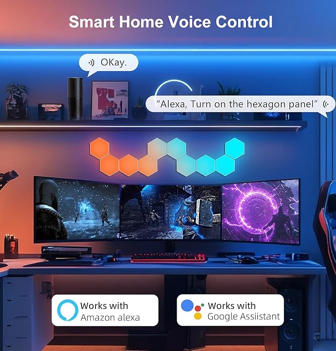 Hexagon LED Lights for Gaming Room 14 DIY Panels Voice App Control Music Sync Wall Decor