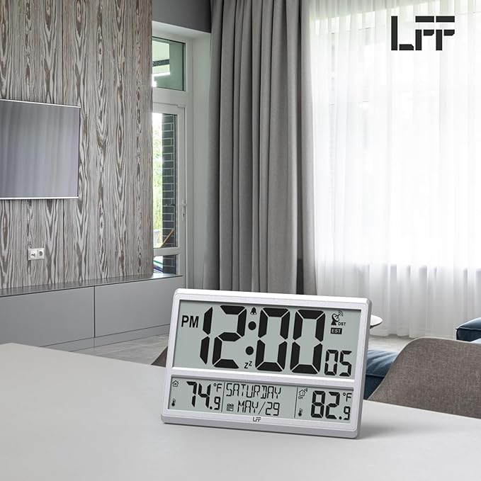 LFF Atomic Clock 4.5" Numbers, Atomic Wall Clock with Indoor & Outdoor Temperature，Never Needs Setting, Battery Operated, Date, Time, Wireless Outdoor Sensor, Jumbo Display Easy to Read