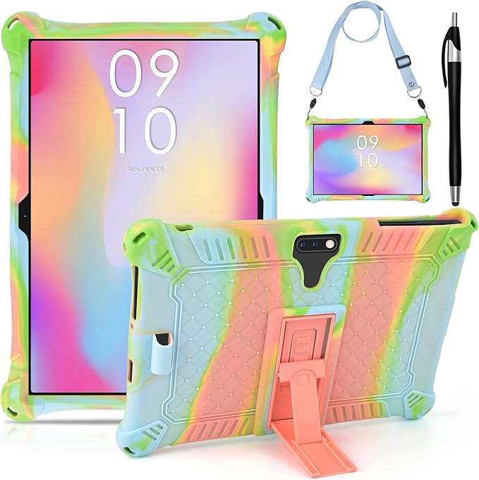 DETUOSI Feonal 10 inch Silicone Case with Shoulder Strap & Stylus Pen, Multi-Angle Stand Tablet Case, Soft Lightweight Cover for Winsing MTK 10 inch Tablet, ANTEMPER Touch, Orange Pink & Blue