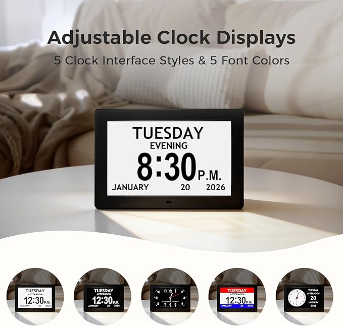 10.1'' Digital Clock With Date And Time, Dementia Clock, Large Display Alarm Clock For Seniors, 10Reminders, 6Alarms, Auto-Dimming, Auto DST, Remote Control, Gifts For People With Dementia, Black