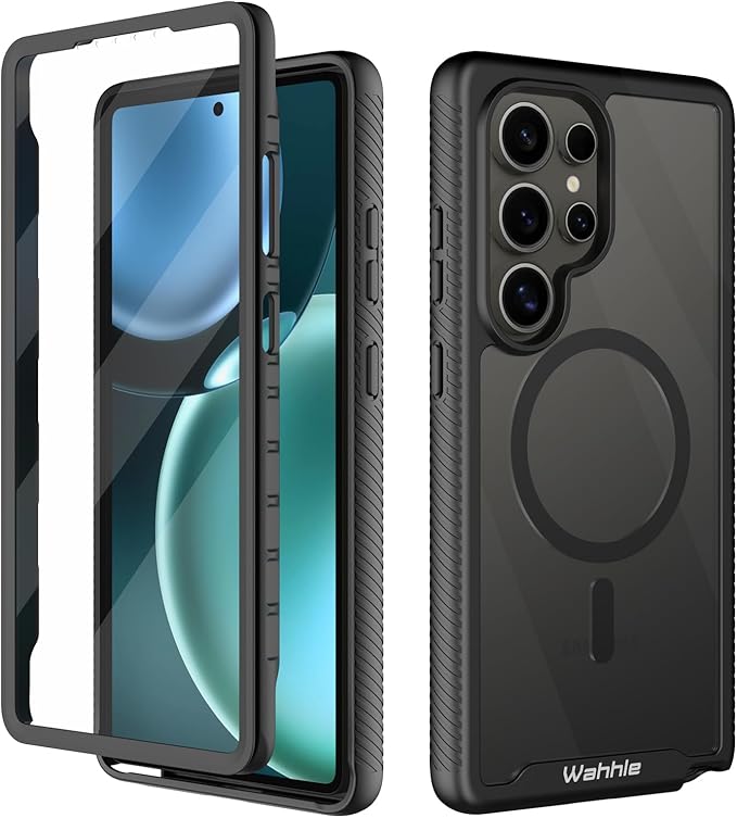 wahhle Compatible with Samsung Galaxy S25 Ultra Case, Magnetic Wireless Charging Built in Screen Protector Full Body Shockproof Slim Fit Bumper Protective Phone Cover for S25 Ultra-Black/Clear