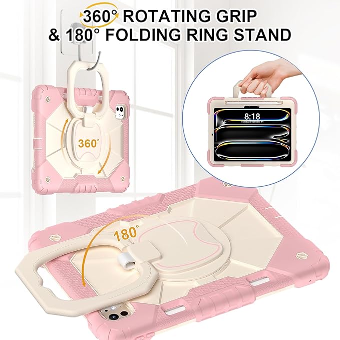 Dteck for iPad Pro 11 inch (M4/M5) 2024/2025 Release Shockproof Case with Shoulder Strap/Stylus Pencil Holder/Rotating Kickstand Handle, Heavy-Duty Sturdy Rugged Cover, Protective Tablet Shell, Pink