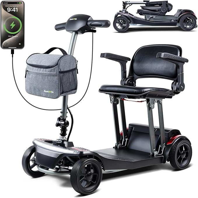 SCOOTNGO Mobility Scooters for Seniors & Adults Foldable 4 Wheels Powered Scooter Airline Approved 44Lbs Removable Battery Portable for Travel USB Charger Port