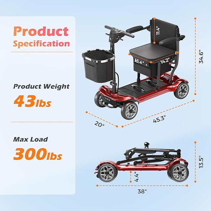 Lightweight Mobility Scooter for Adults & Seniors - Cruise & Airport Approved, 43lb Foldable Portable Motorized Scooters with Dual Lithium Batteries for 30.4 Miles Travel, 300lb Capacity, Red