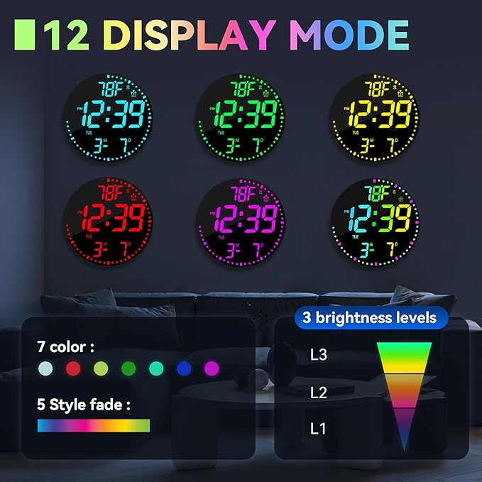 Kasbin 12 Inch Large Digital Wall Clock with Remote Control,RGB Color,Timer Date Temperature Display,Modern Clock for Living Room Bedroom Decor, Gift for Elderly (Grayish, 12")