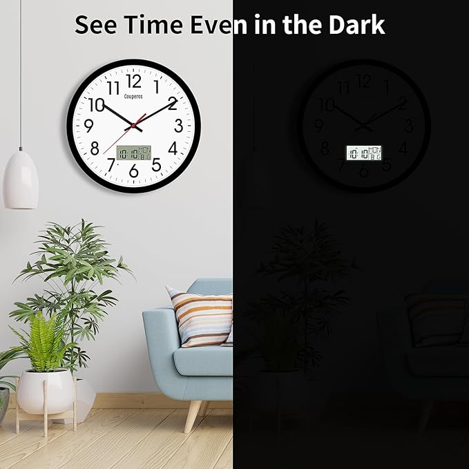 12 Inch Digital Wall Clock with Lighted LCD Display Temp, Week, Switchable Time and Perpetual Calendar, DST Function, Silent Battery Operated Analog Black Clock for Bedroom Office Classroom