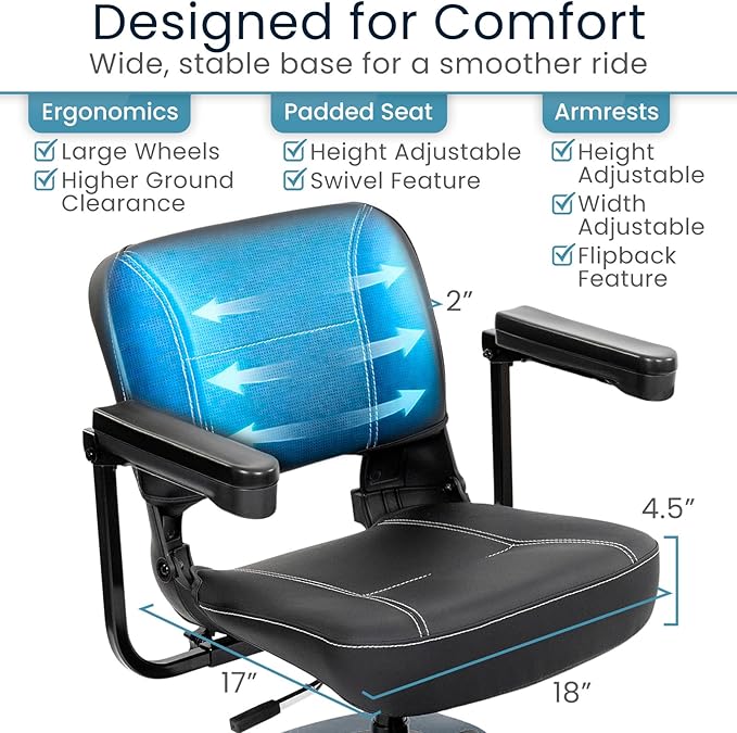 Vive Mobility Scooter for Adults - 4 Wheel Powered Electric Scooter w/Seat for Seniors - 400 lbs Capacity & Extended Range Battery w/Charger - Headlight, Basket & Extra Foot Space