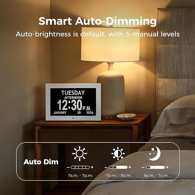 10.1'' Digital Clock With Date And Time, Dementia Clock, Large Display Alarm Clock For Seniors, 10Reminders, 6Alarms, Auto-Dimming, Auto DST, Remote Control, Gifts For People With Dementia, White