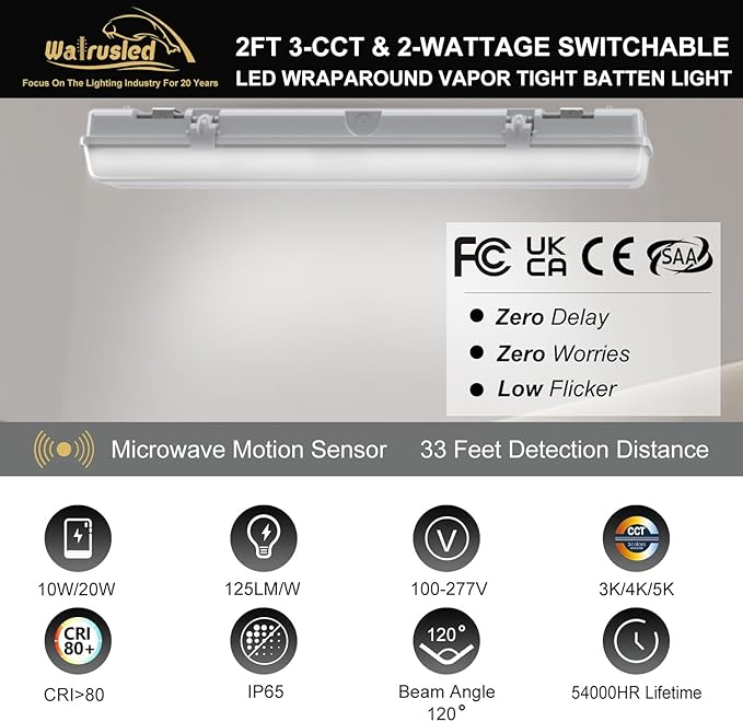 2FT Vapor Tight Light with Tri-Level Motion Sensor, IP65 IK08, 10W(1250lm)/20W(2500lm), 3/4/5000K CCT, 100-277V, Dimmable, Outdoor Waterproof Shop Light, Vapor Proof Lighting Fixture, FCC, 2-Pack