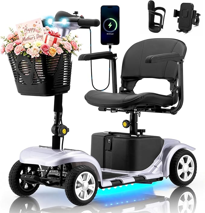 Mobility Scooter for Adults, 4 Wheels Lightweight Scooter, Foldable Mobility Scooter Long Range for Travel, Adults, Elderly, Supports 300 lbs, Powered Wheelchair with Charger & Basket (Silver Silver)