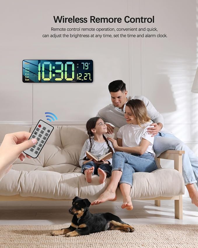 JoFomp Modern 16" Large Digital Wall Clock with Remote Control, LED Display, Auto-Dimming, Countdown, Temperature, Calendar - 12/24Hr Format - Silent Wall Clock for Home, Office (Gradient Green)