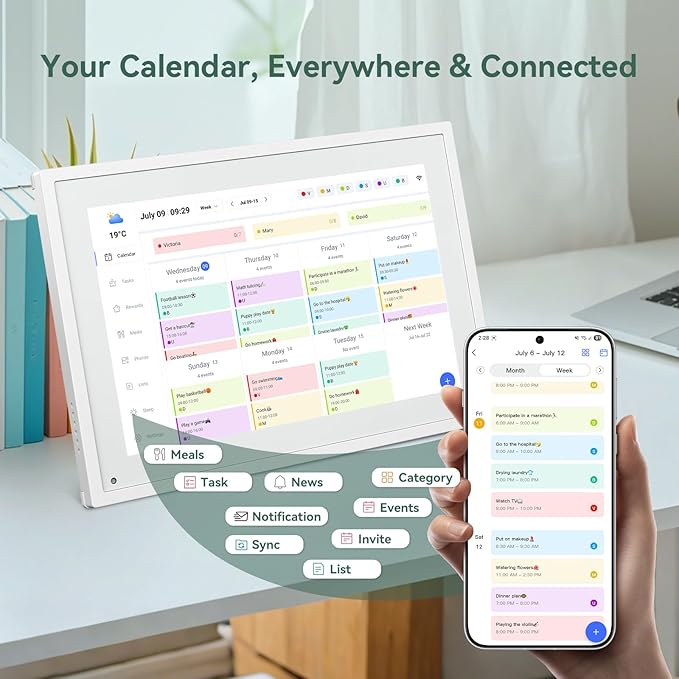 10.1 Inch WiFi Digital Calendar, Smart Touchscreen Interactive Display for Family Schedules Chore Chart, Meal Planner, To Do List, Smart Sync Switchable Digital Photo Frame Desk-Standing