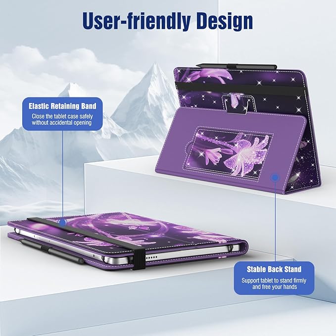 TiMOVO Universal Case for 10.1 Inch Android Tablet with Pen Loop, Lightweight Folding Stand Cover with Hand Strap for All 9.6"-11" Touchscreen Tablet, Flowers on Purple