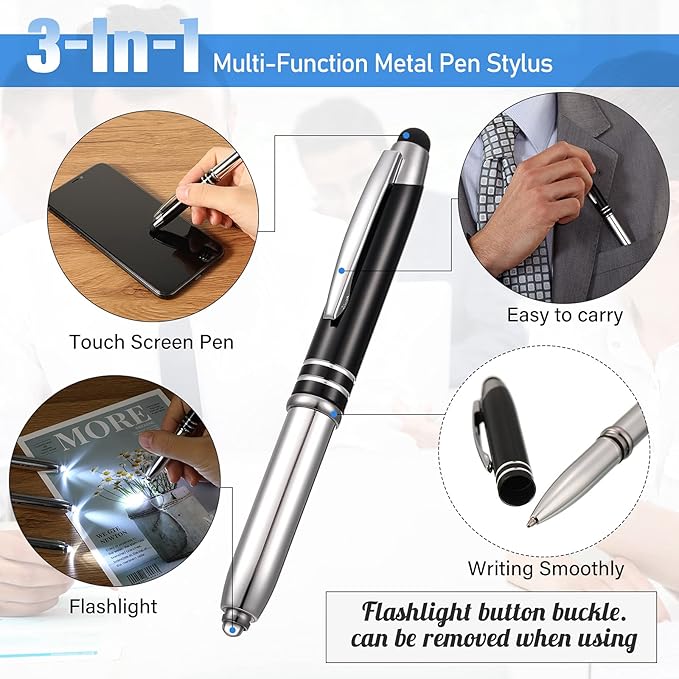Zonon 15 Pieces 3 in 1 Ballpoint Pen with LED Flashlight and Stylus Tip Multi-Function Capacitive Pen, 1.0 mm Black Ink Metal Ballpoint for Touch Screens Nurse Teacher Gifts(Black)