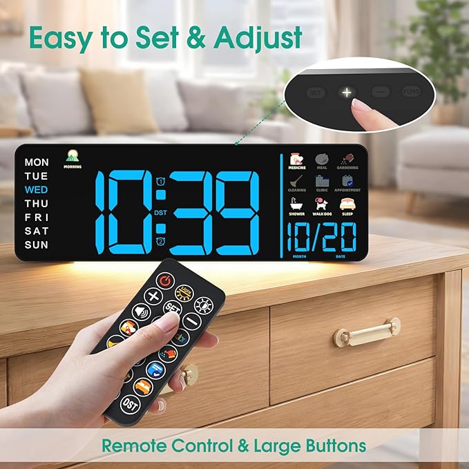Hoifen Clock with Day and Date for Seniors, 16" Large Display Digital Calendar Dementia Wall Clock for Memory Loss with Time Periods & Task Reminders, Remote Control, Night Light, Auto Dim&DST (Blue)