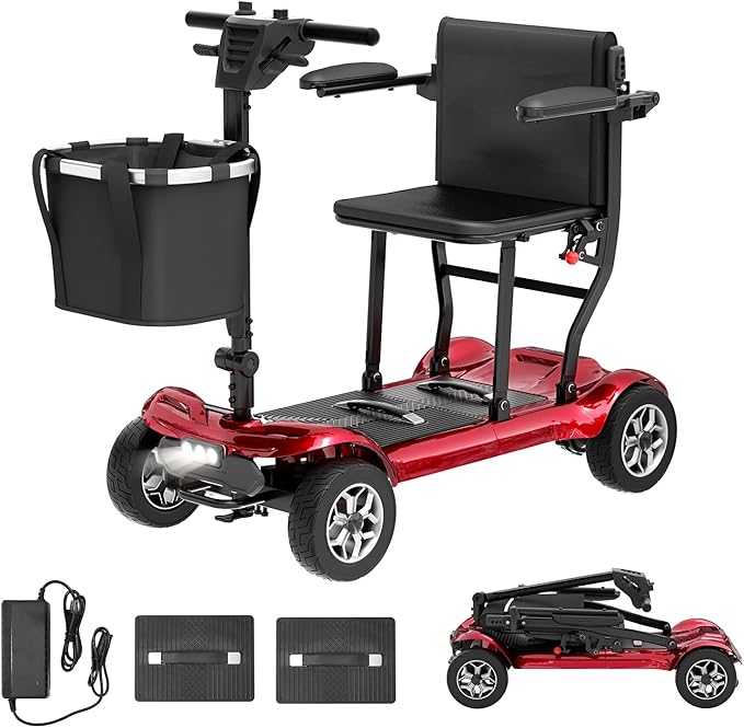 Powered Mobility Scooter for Adults, Seniors - 23MI Extra Long Range Foldable 4 Wheel Electric Motorized Scooter for Travels with Airport Approved Dual Batteries, All Terrain Motorized Scooter (Red)