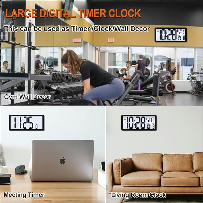 15 Inch Large Rechargeable Digital LCD Wall Clock with Backlight Glow in the Dark,Night Light Wall Clock with Week,Date & Temperature,DST,Alarm Display for Living Room, Bedroom, Gift for Elderly
