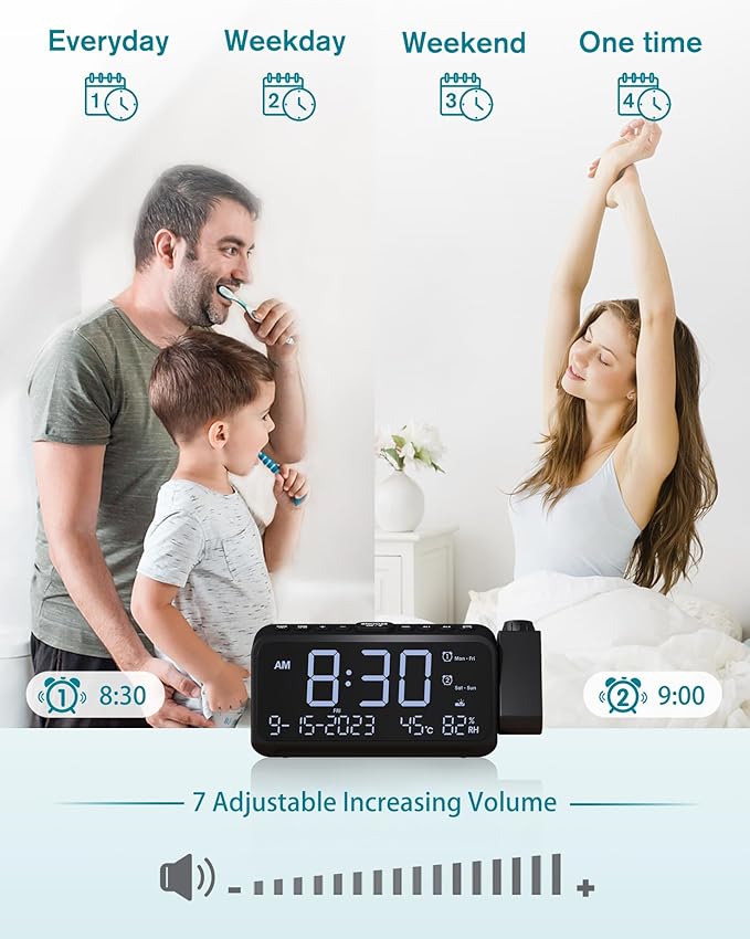 Roxicosly Projection Alarm Clock for Bedroom Ceiling, 118 dB Super Loud for Heavy Sleepers, Plug in Dual Alarm with Weekday/Weekend, 6.7" Large Digital Dimmable Display, Easy to Read