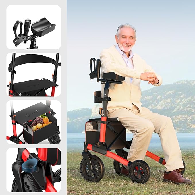 Nihhcune Upright Shopping Cart for Seniors & Adults, All-Terrain Rolling Cart with Padded Seat & Backrest, Heavy Duty Compact Folding Utility Cart with Big Wheels and Adjustable Handle, 300lb Capacity