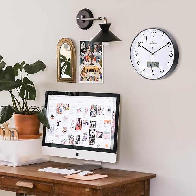 Lafocuse 12 Inch Silent Analog Wall Clock with LCD Display for Calendar and Temperature, Digital Black Wall Clocks with Date and Day Battery Operated Clock for Living Room Bedroom Office