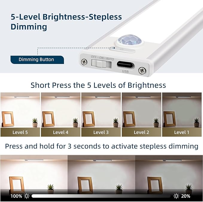 12inch Under Cabinet Lighting, 4 Pack Rechargeable Motion Sensor Light Indoor, Wireless Dimmable Magnetic Closet Lights, 50 LED Under Counter Lights for Kitchen, Wardrobe, Stairs, White Light