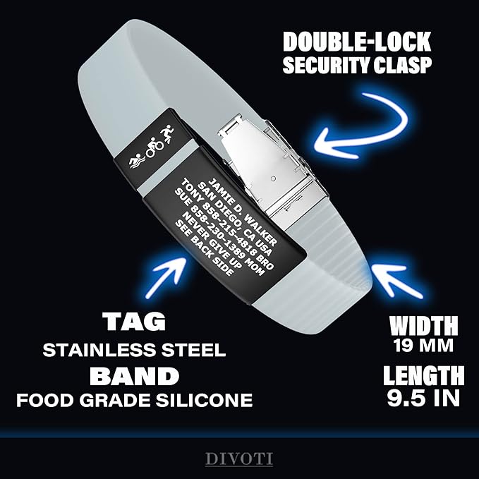 Divoti Custom Engraved Medical Alert ID Band Double-Sided Emergency Contact ICE Info Silicone Wristband